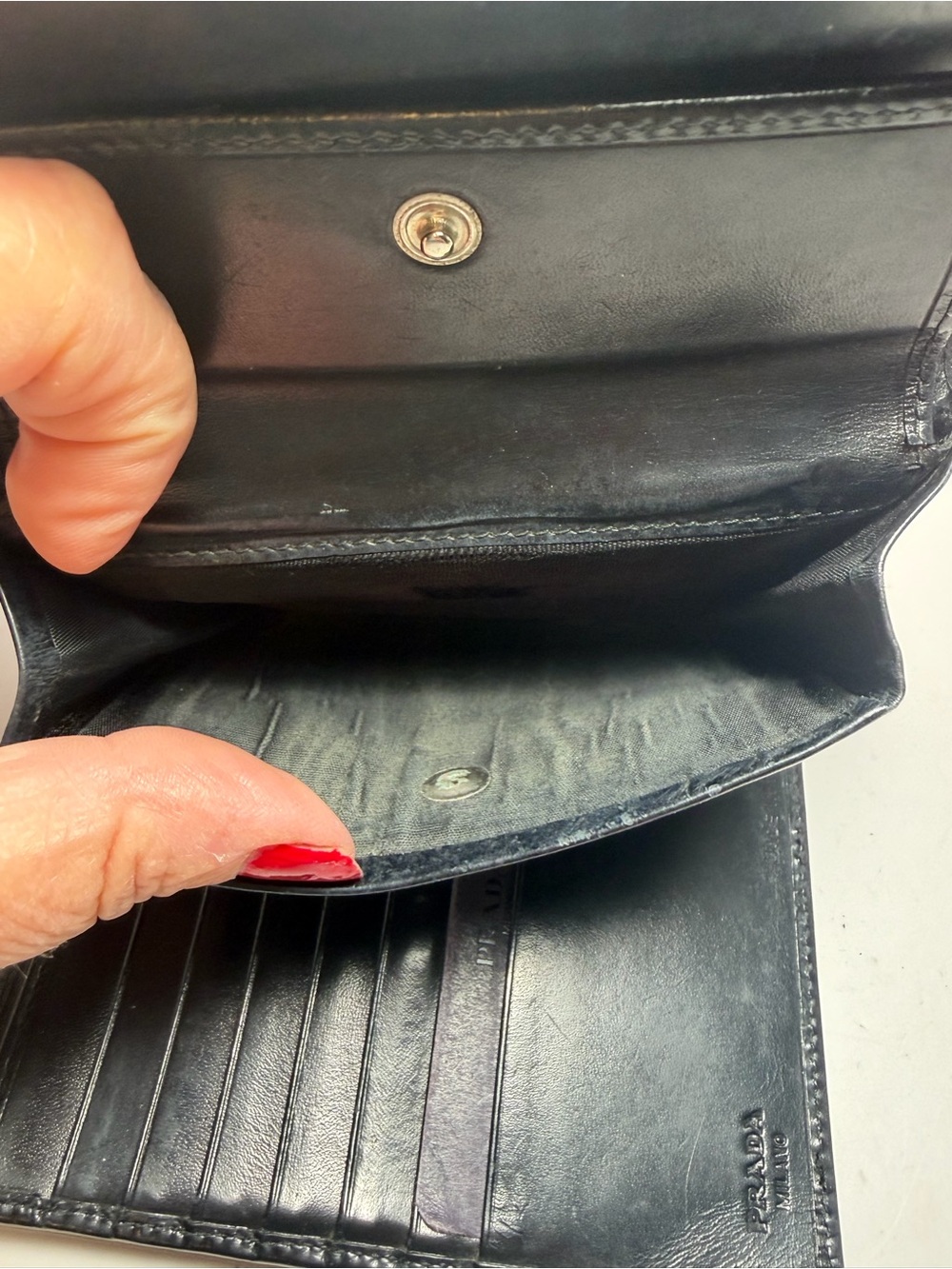 Prada Black Leather Compact Wallet with Silver Name Plate - Picture 9 of 12